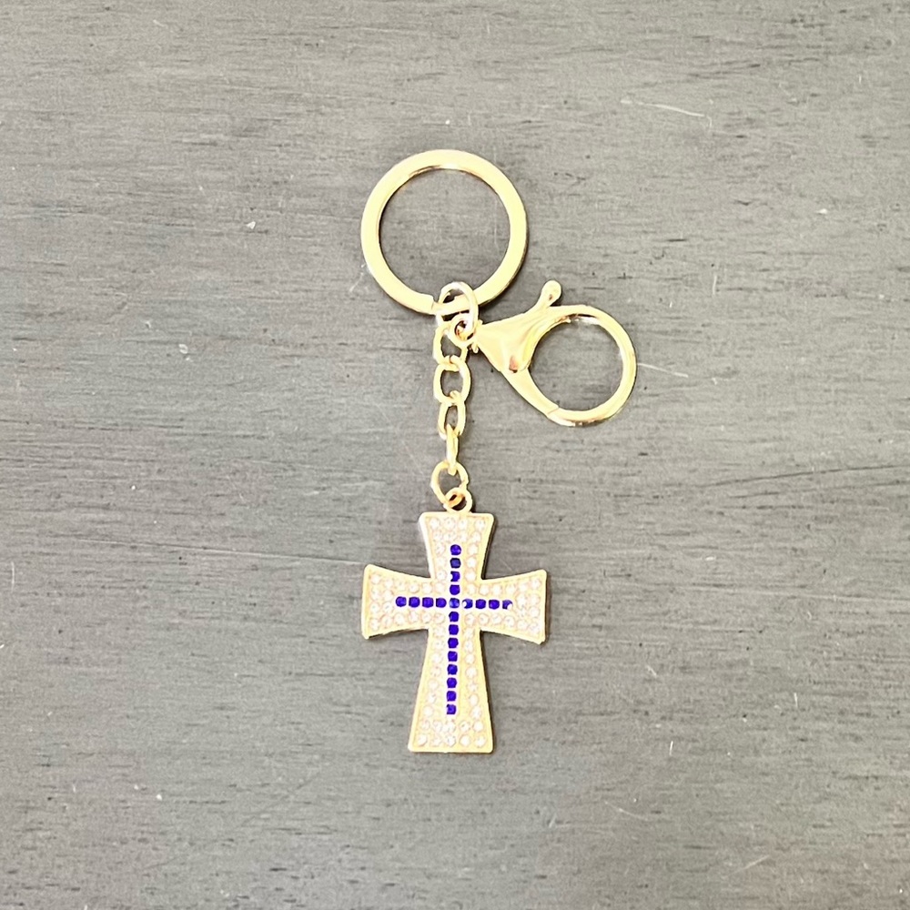 Gold Cross Allover Clear Blue Crystal Rhinestone 4" Keychain Key Ring Bag Charm - Picture 1 of 2